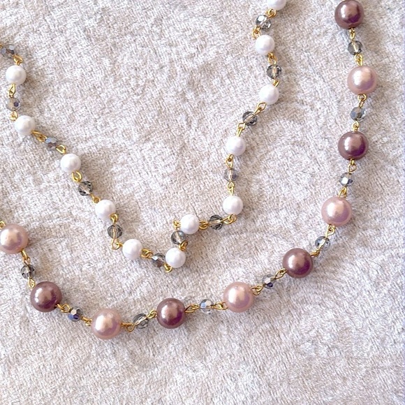Elegant Long Layered Cultured Pearl Beaded Necklace w/ Floral Flower Accent - Picture 7 of 14